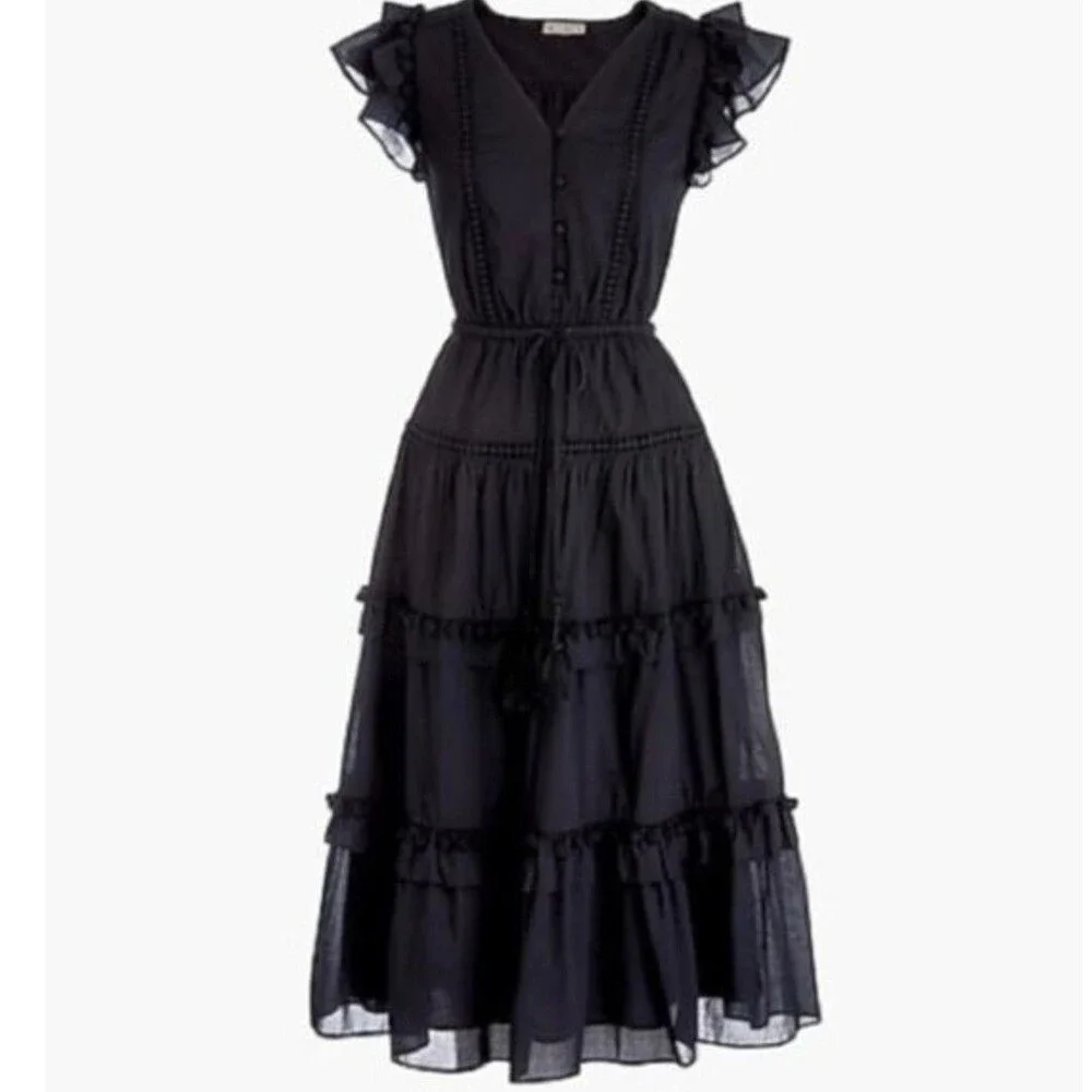 NWT J.Crew Pom-pom Midi in Black Cotton Voile Tiered Dress Size 0 $128 Worn Once